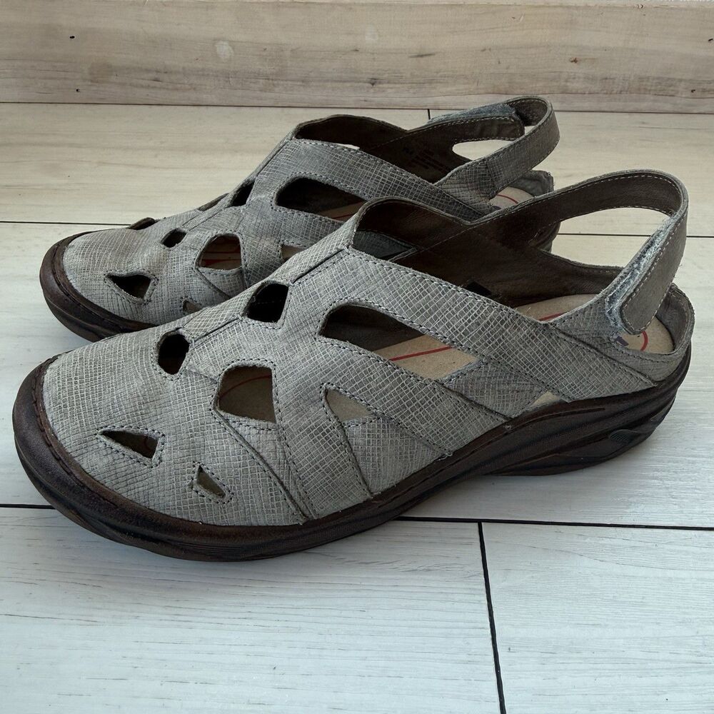 Bionica Maclean 2 Slingback Fisherman Womens Size 8.5 Gray Leather Wedge Sandals